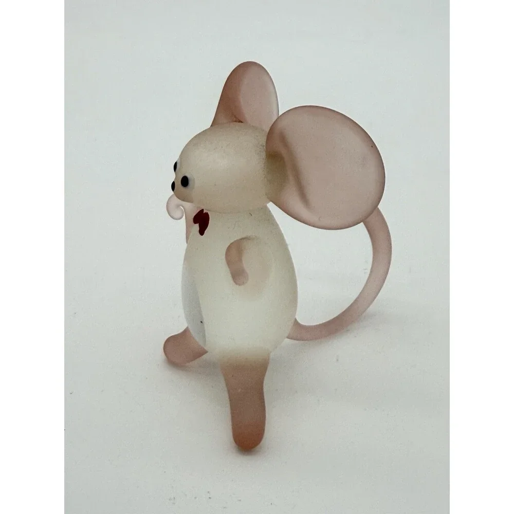 Hand Blown Art Glass Mice Mouse Pink White Frosted Glass Figurine 2.5”H